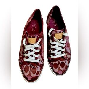 Coach Women’s 8B Signature C Burgundy Wine Monogram Canvas Sneakers.